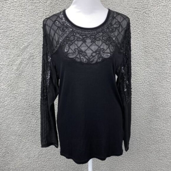 H&M Womens Black Beaded Sequin Chiffon Long Sleeve Evening Blouse M New‎ Party - Picture 14 of 14